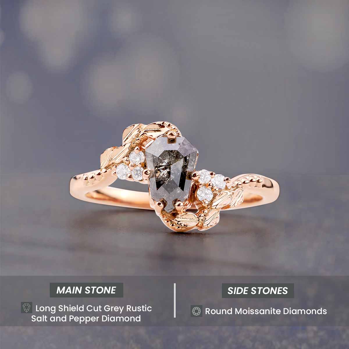 Shield Rose Cut Natural Salt and Pepper Diamond Art Deco Ring