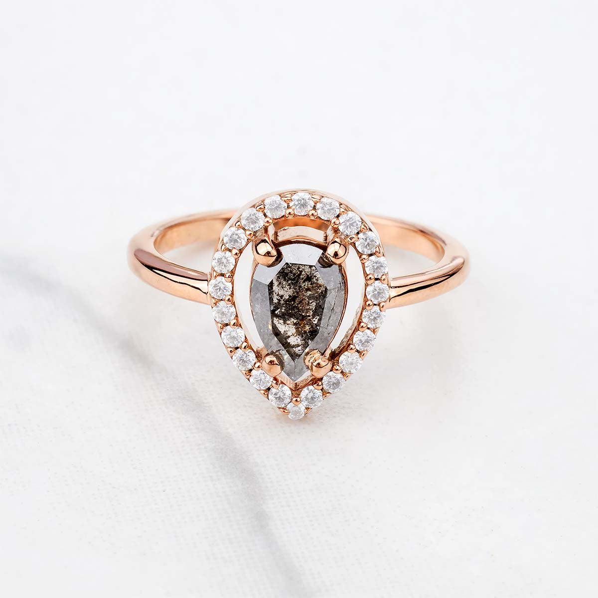 Natural Salt and Pepper Diamond Halo Moissanite Teardrop Engagement Ring