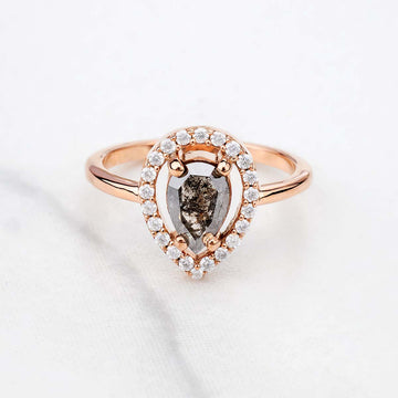 Natural Salt and Pepper Diamond Halo Moissanite Teardrop Engagement Ring
