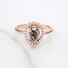 Natural Salt and Pepper Diamond Halo Moissanite Teardrop Engagement Ring