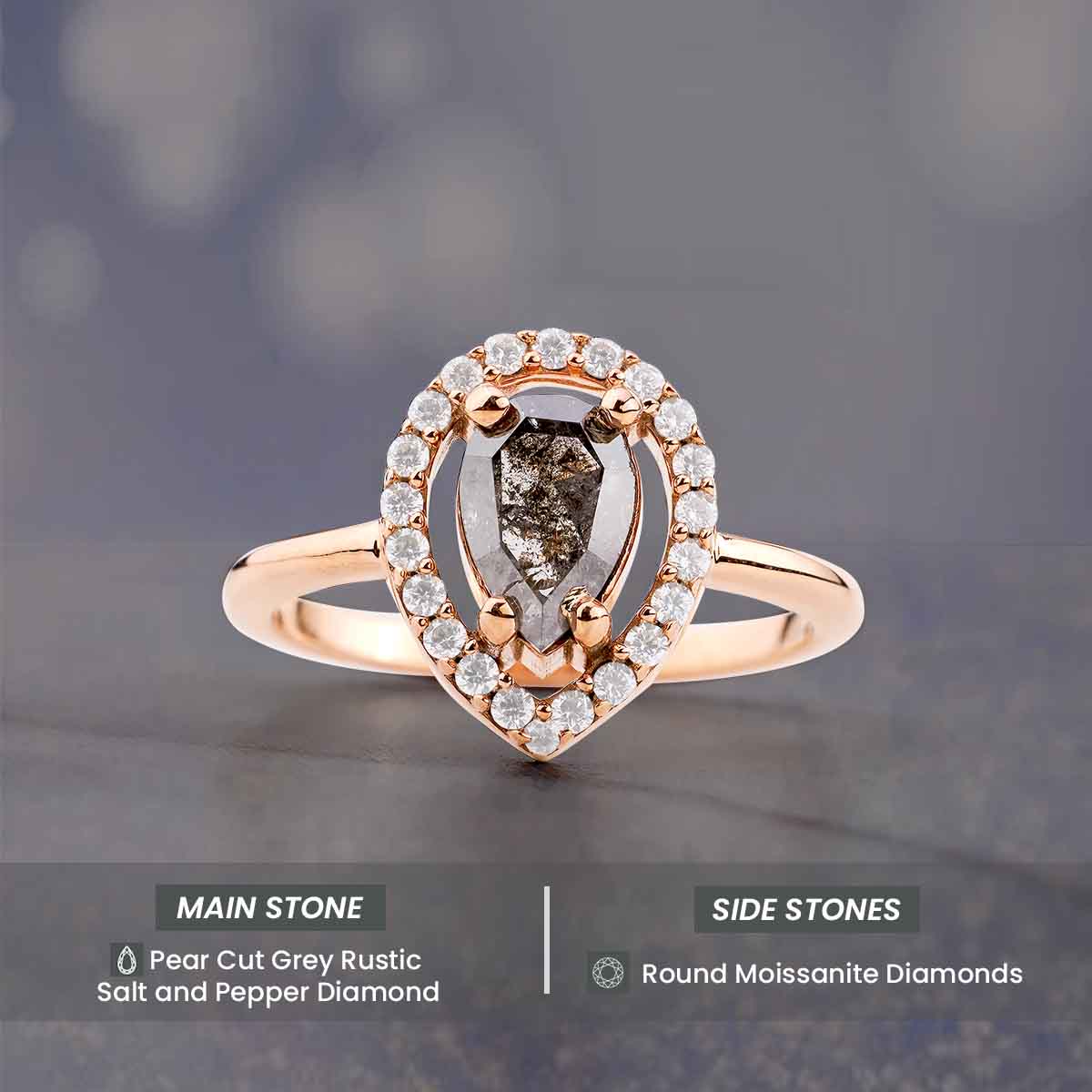 Natural Salt and Pepper Diamond Halo Moissanite Teardrop Engagement Ring