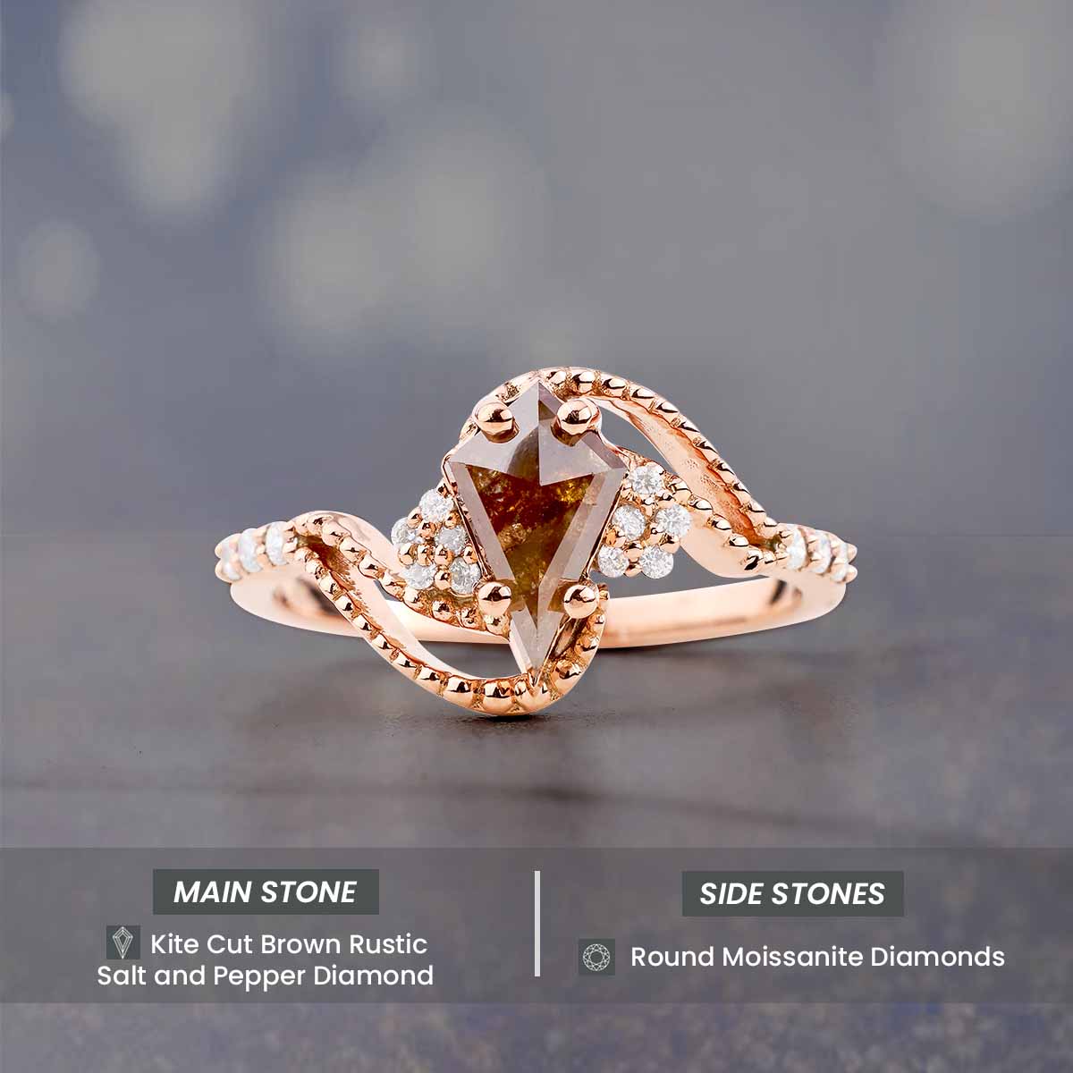 Kite Rose Cut Brown Rustic Diamond Cluster Moissanite Vintage Engagement Ring