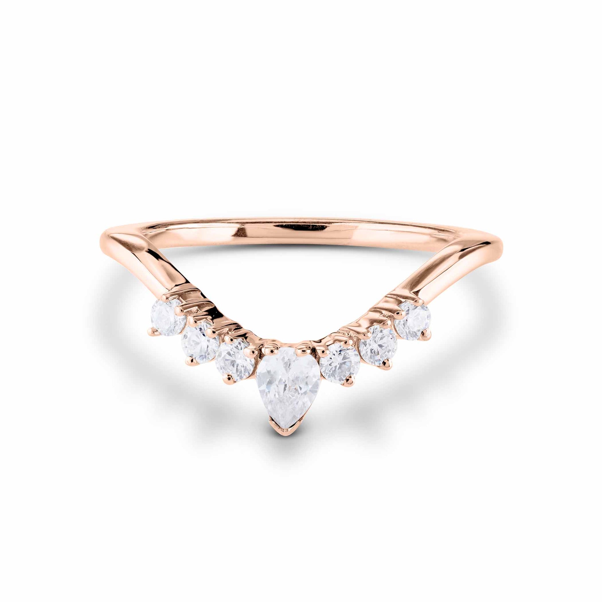Minimalist chevron-style rose gold ring accented with seven sparkling white diamonds.