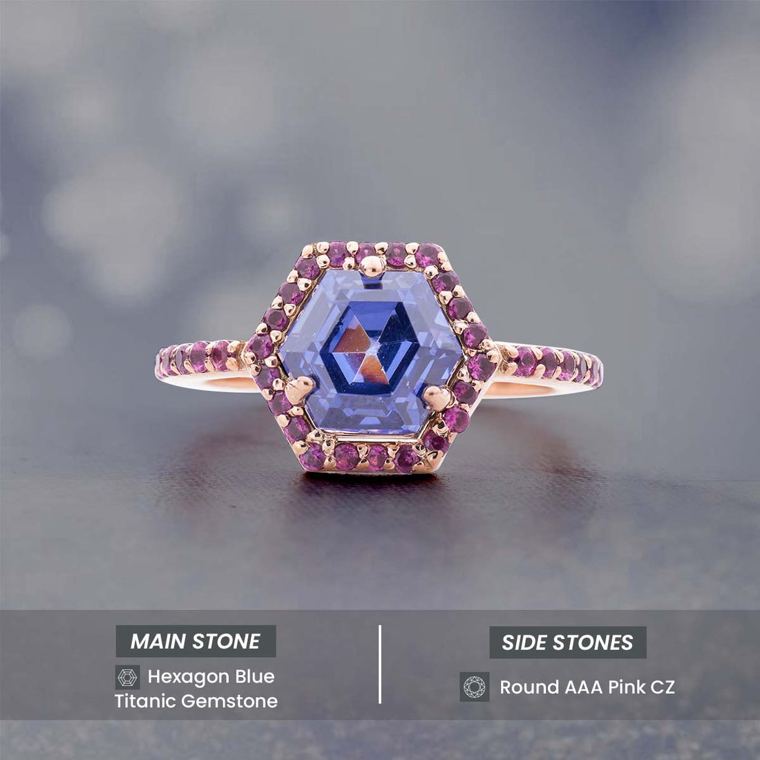 Hexagon Titanic Gemstone Ring Halo Cocktail Engagement Rings