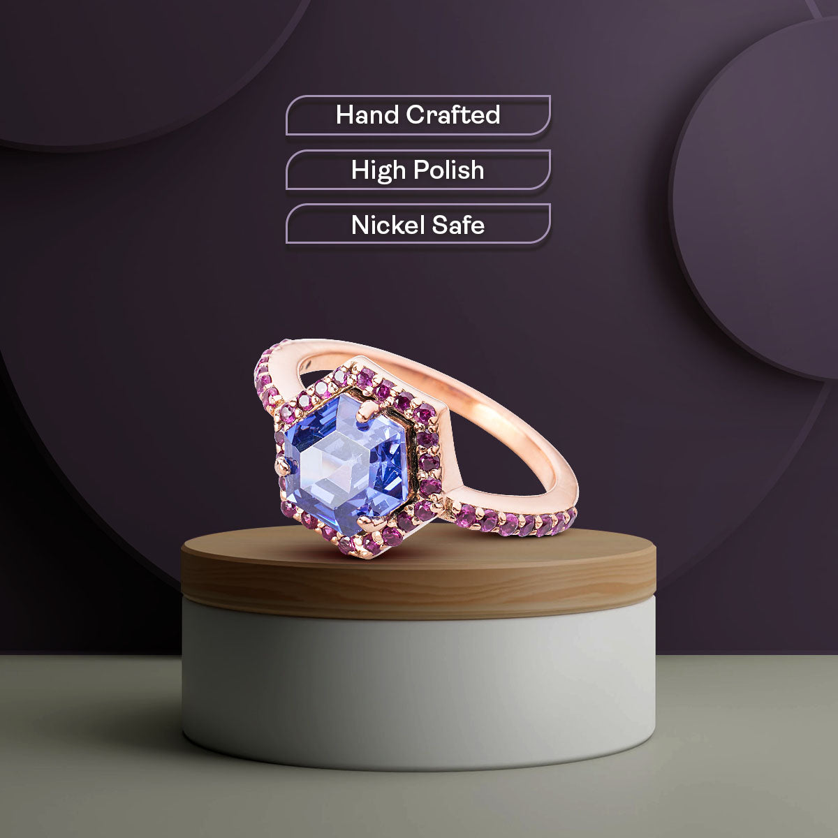 Hexagon Titanic Gemstone Ring Halo Cocktail Engagement Rings