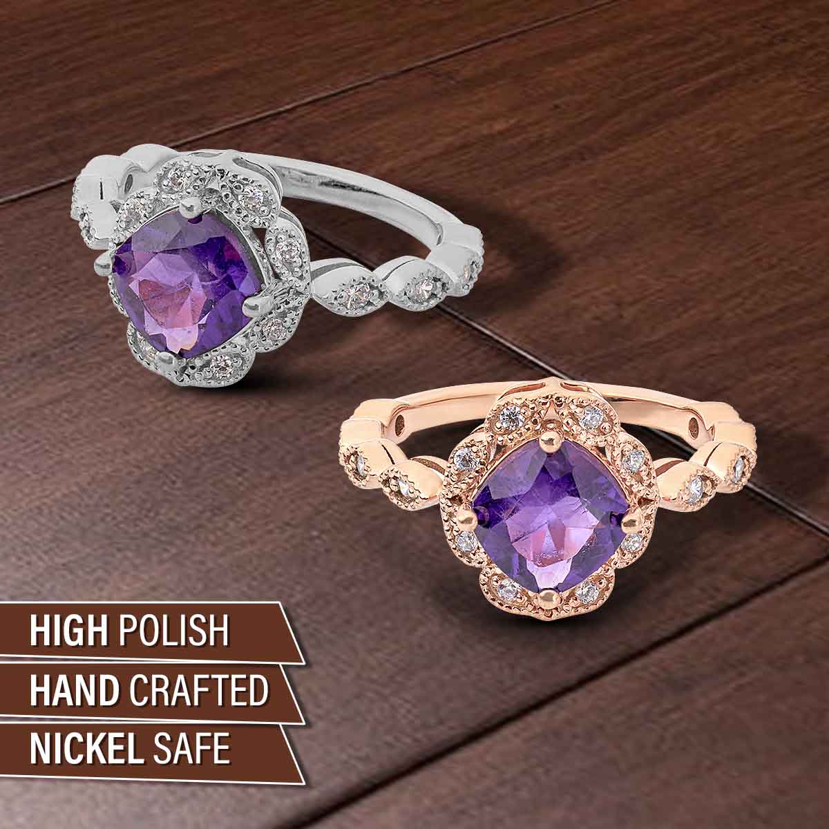 1920's Inspired Vintage Engagement Rings Milgrain Art Deco Amethyst Ring Sterling Silver Rose Gold
