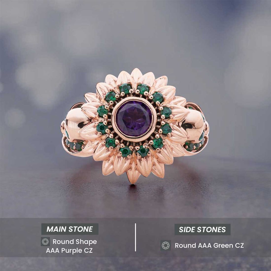 Skull and Flower Engagement Ring Rose Gold Gothic Wedding Rings Natural Purple Amethyst Green Emerald Gemstone
