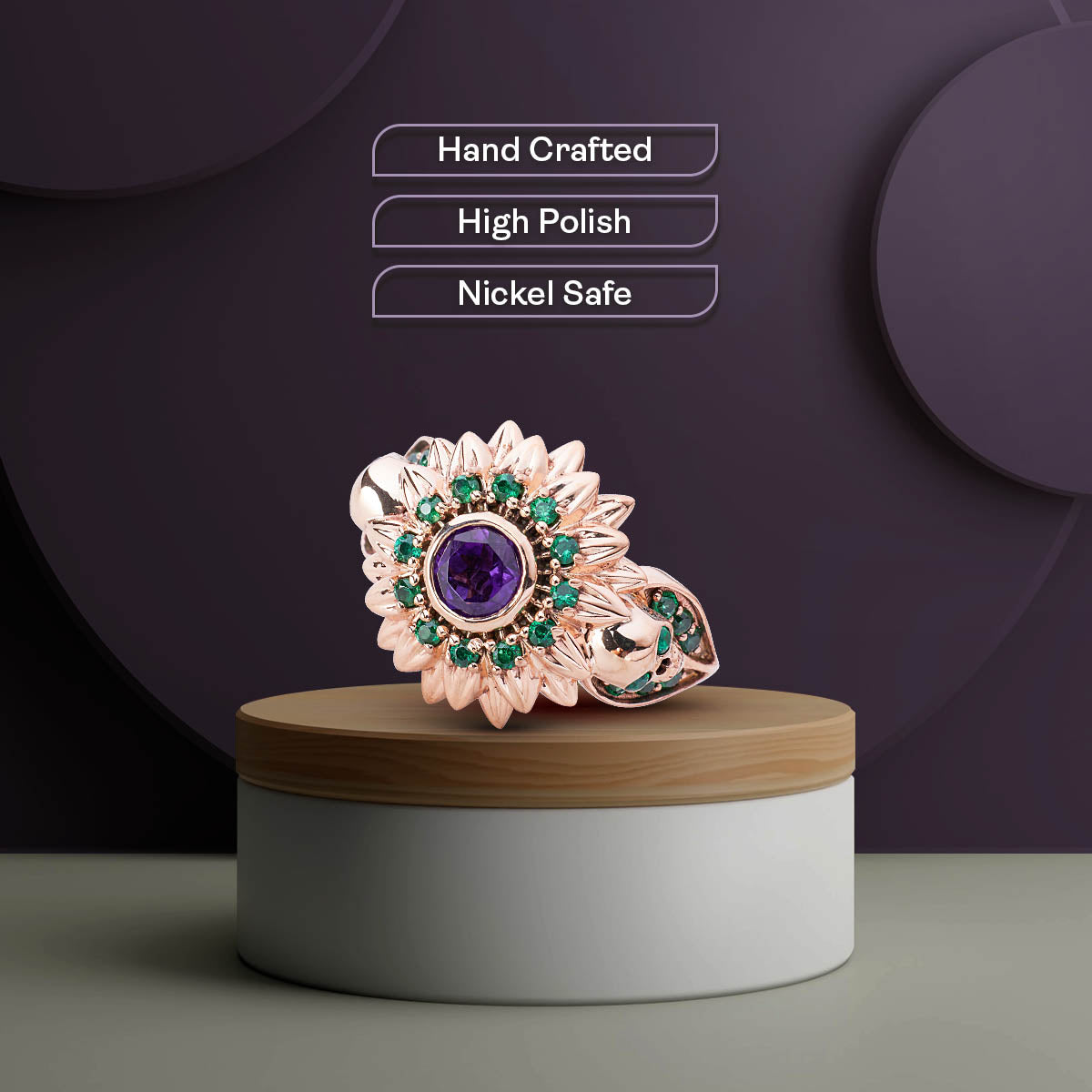 Skull and Flower Engagement Ring Rose Gold Gothic Wedding Rings Natural Purple Amethyst Green Emerald Gemstone