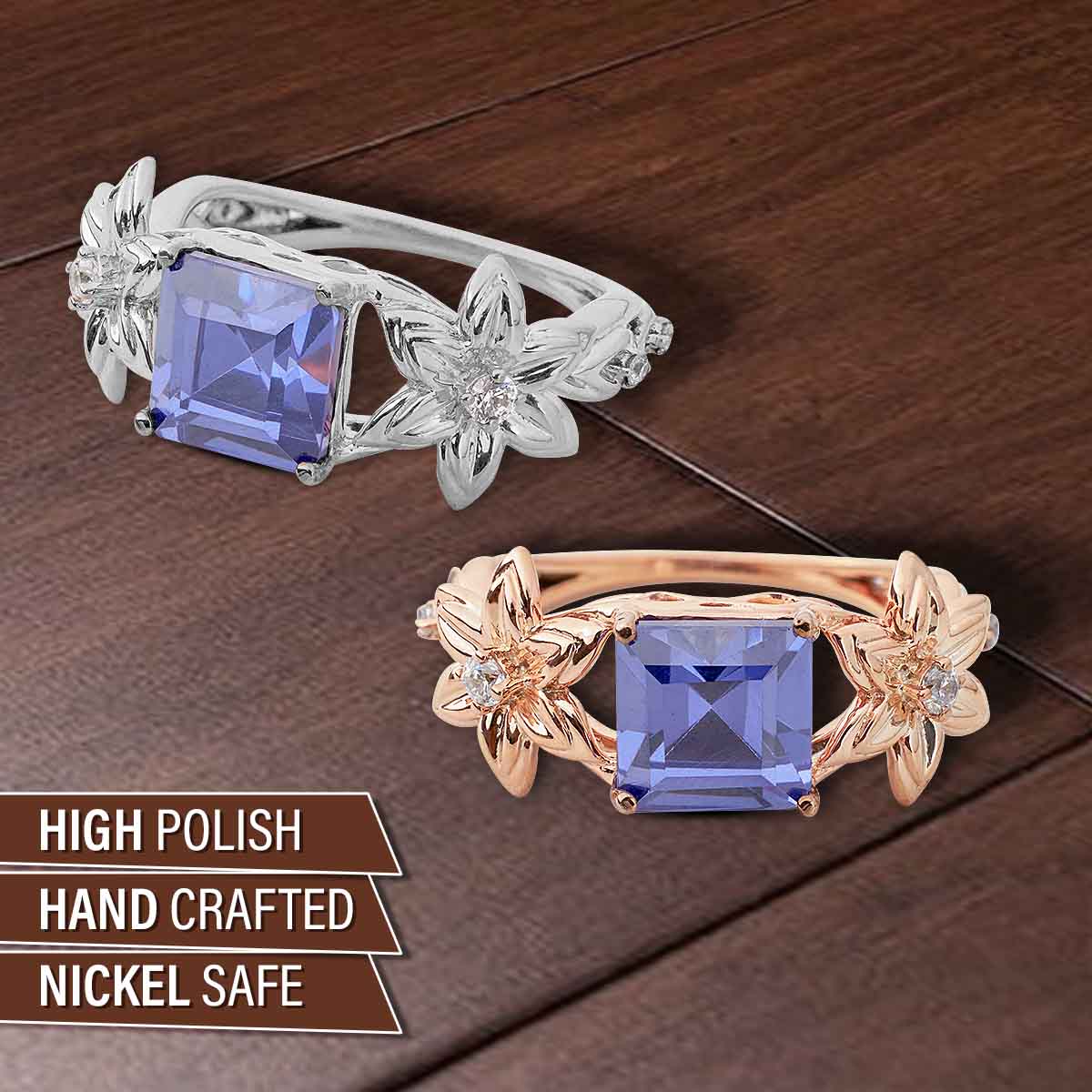 Princess Cut Blue Titanic Gemstone Ring Flower Engagement Rings Art Nouveau Silver Gold
