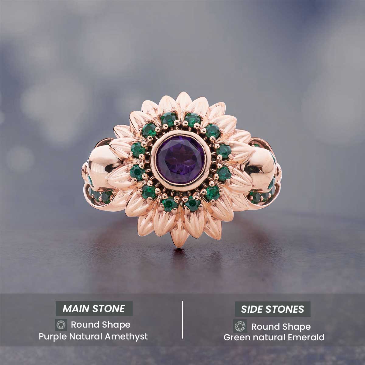 Skull and Flower Engagement Ring Rose Gold Gothic Wedding Rings Natural Purple Amethyst Green Emerald Gemstone