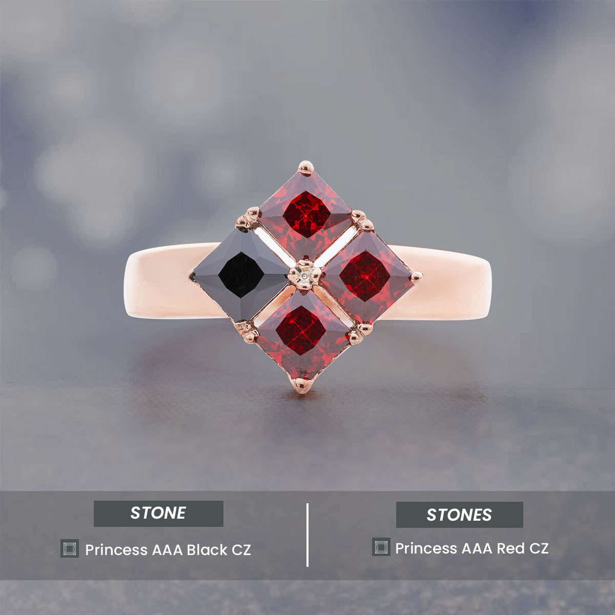 Princess Cut Engagement Ring Red Garnet and Black Spinel Natural Gemstone Rose Gold Gothic Promise Wedding