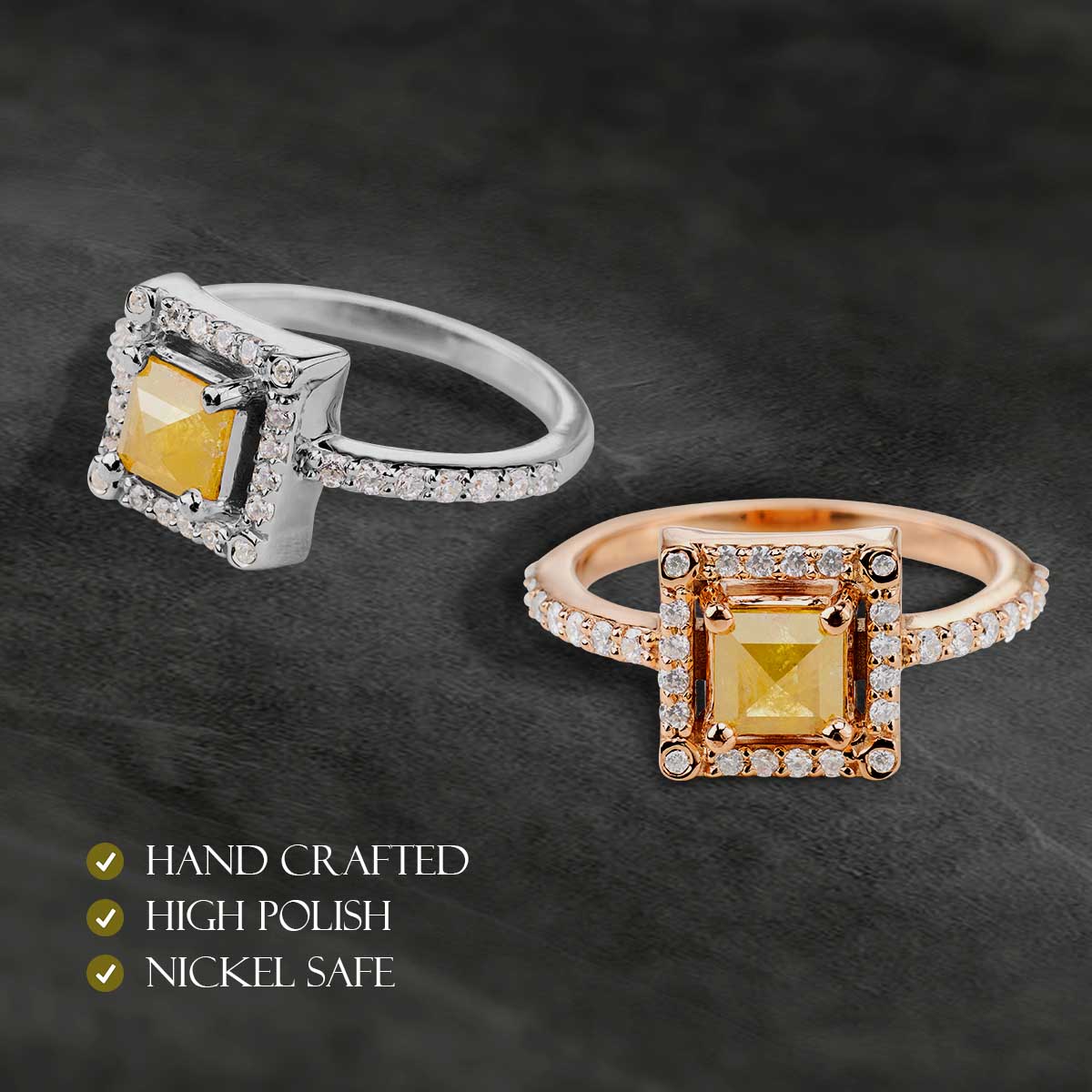 Princess Rose Cut Yellow Natural Rustic Diamond Ring for Women