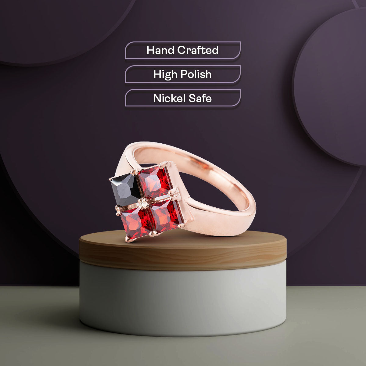 Princess Cut Engagement Ring Red Garnet and Black Spinel Natural Gemstone Rose Gold Gothic Promise Wedding