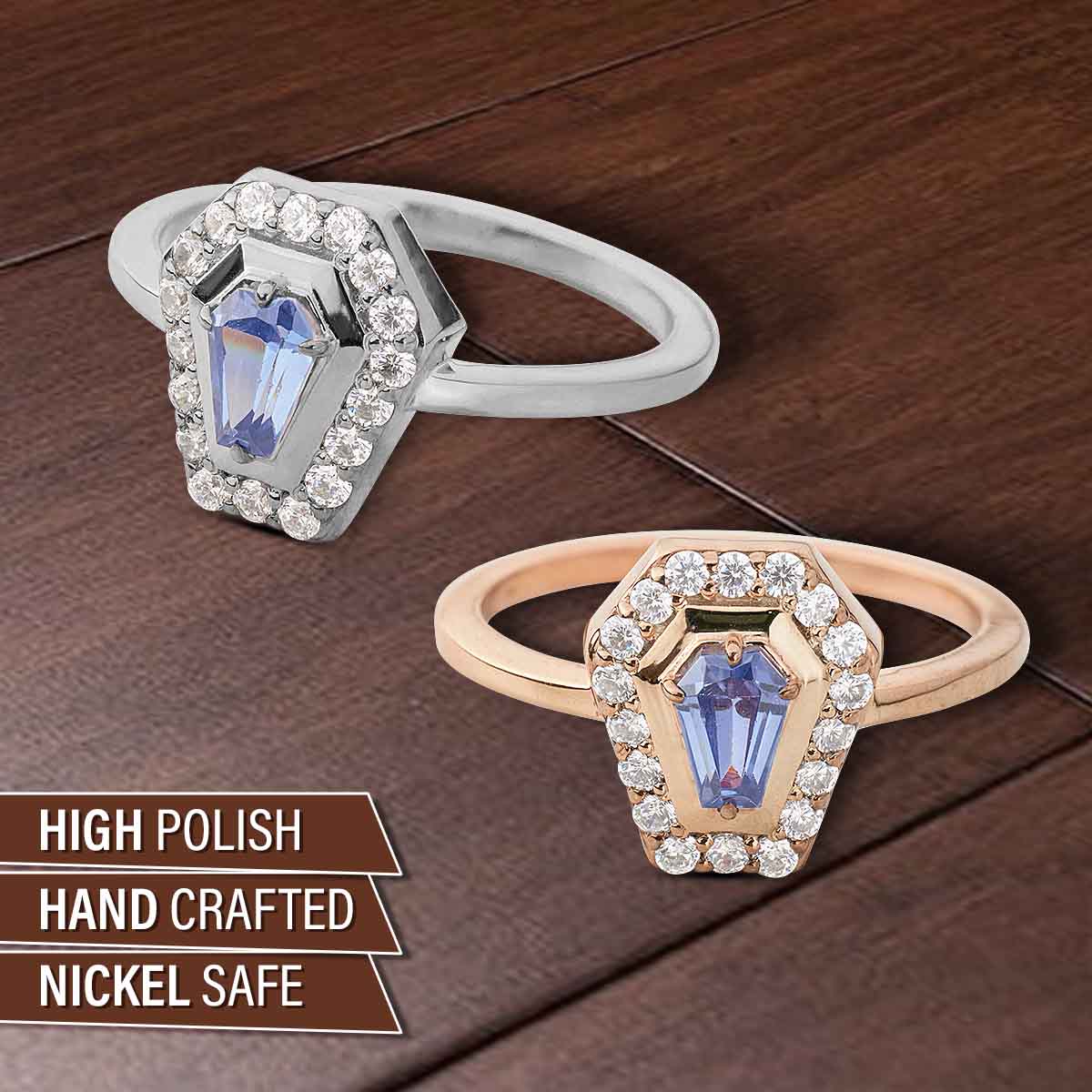 Coffin Shape Wedding Engagement Ring Blue Titanic Gemstone Coffin Rings Gothic Sterling Silver Rose White Gold