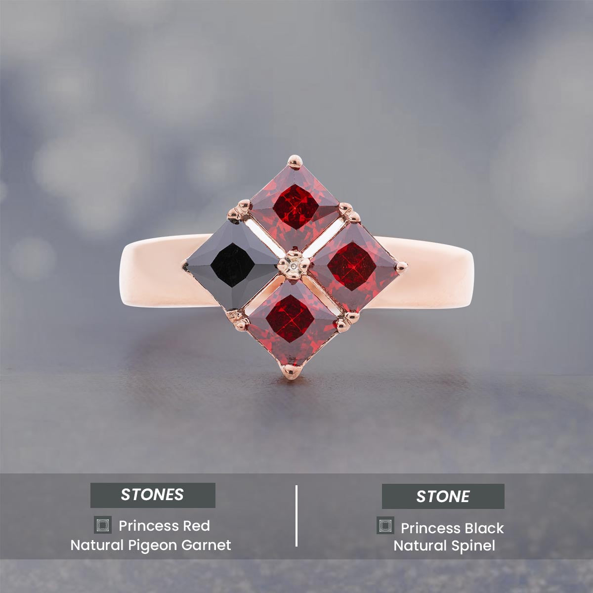 Princess Cut Engagement Ring Red Garnet and Black Spinel Natural Gemstone Rose Gold Gothic Promise Wedding
