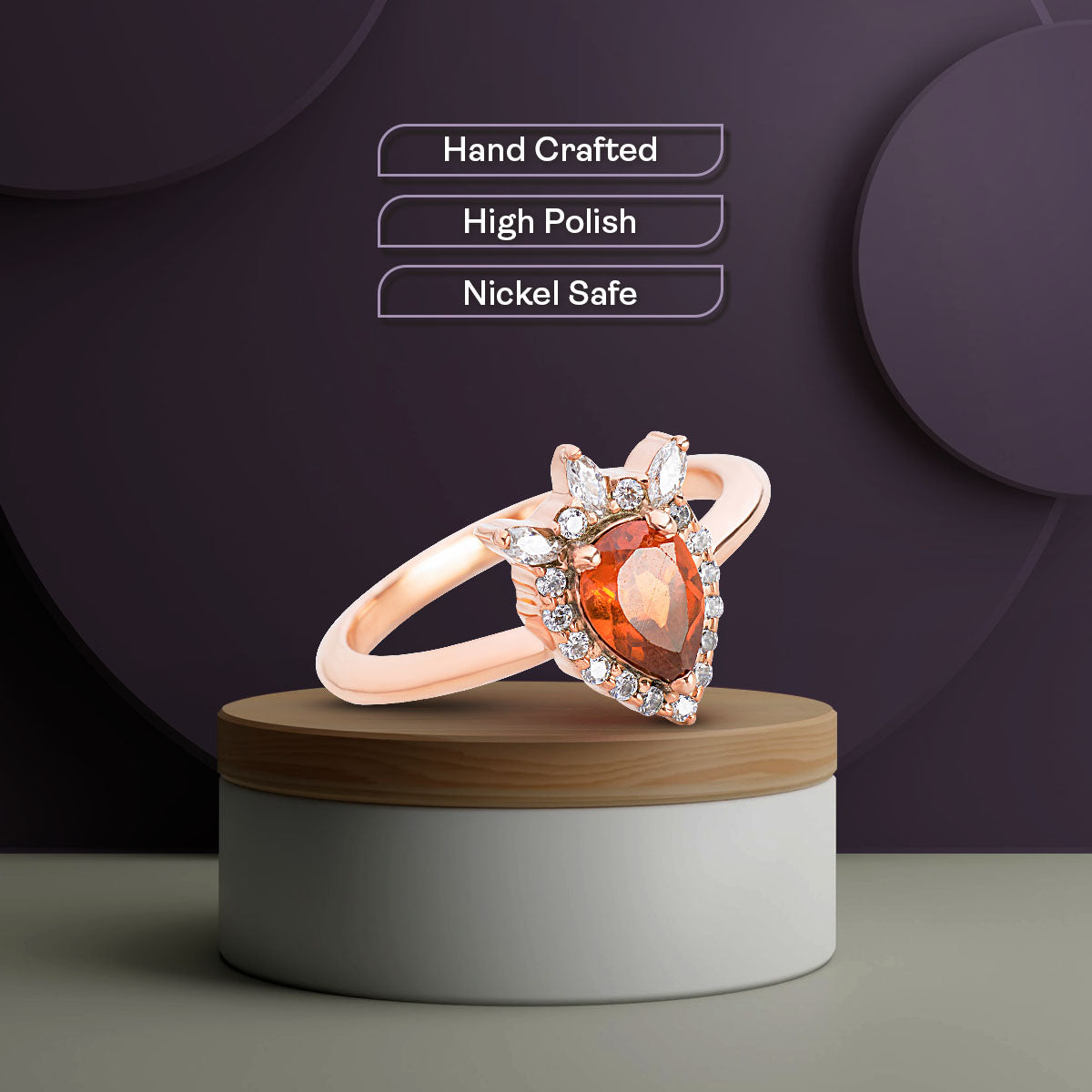 Pear Cut Natural Hessonite Garnet Gomed Ring Teardrop Gemstone Engagement Rings Rose Gold