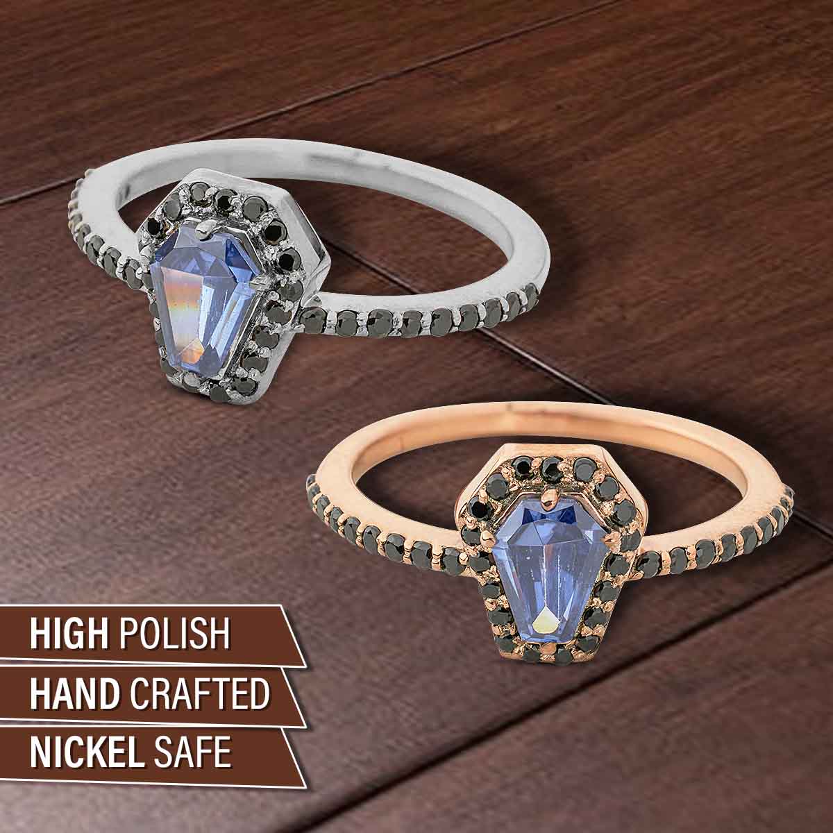 Halo Coffin Cut Engagement Rings for Women Gothic Blue Gemstone Sterling Silver