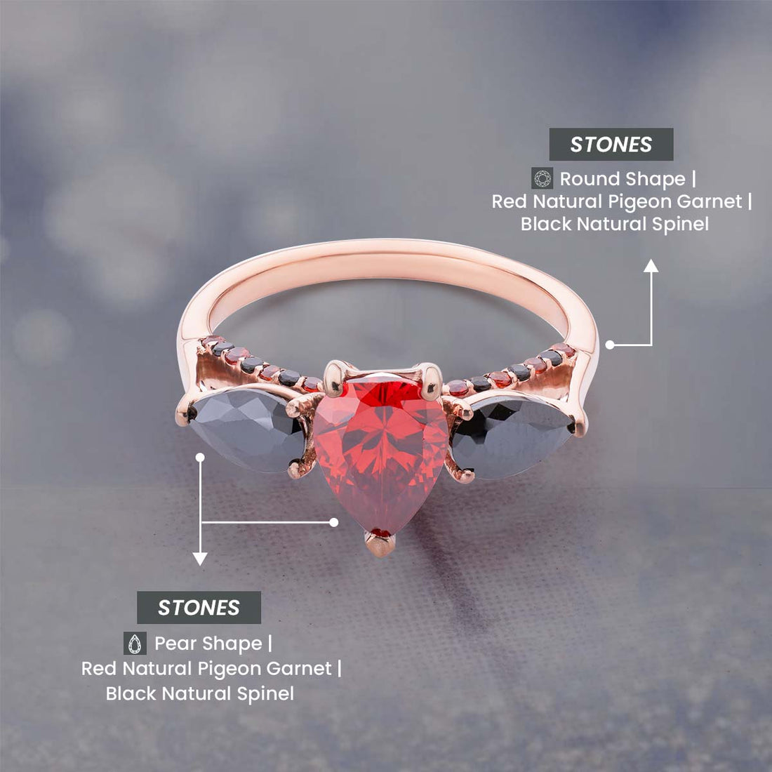 Pear Cut Engagement Rings Red and Black Natural Gemstone 3 Stone Rose Gold Cocktail Statement Gothic Style