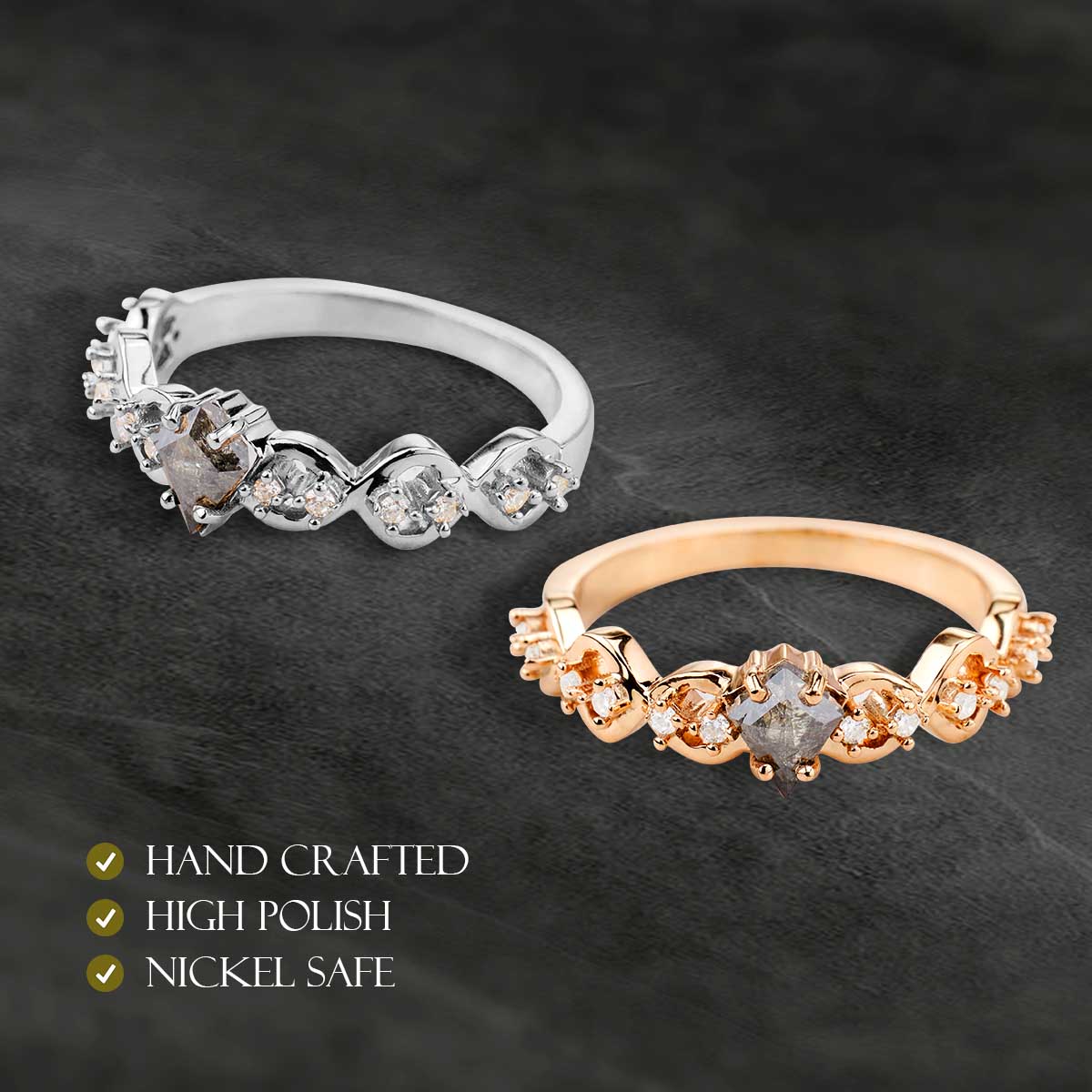 Kite Cut Milky Salt and Pepper Diamond Vine Engagement Ring