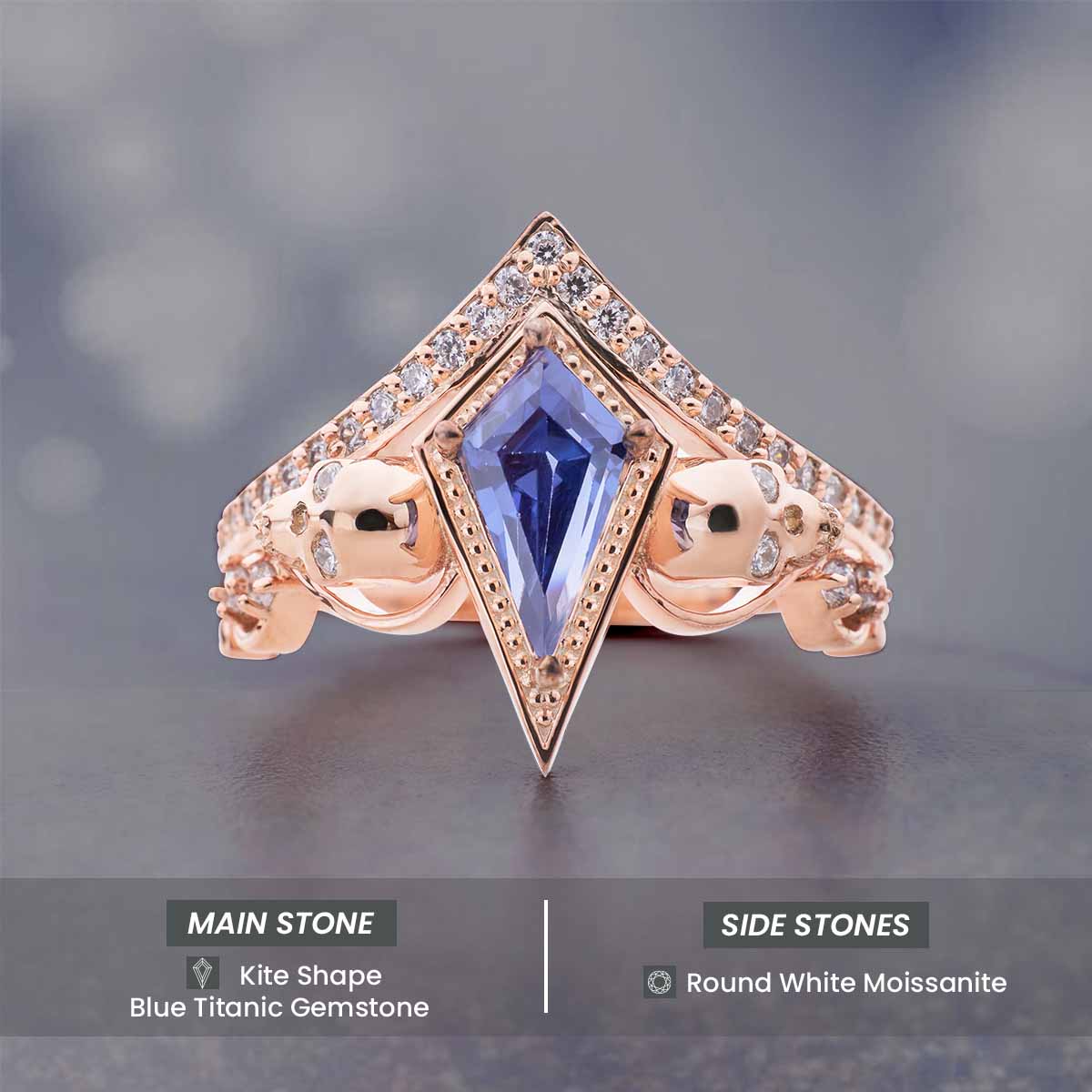 Skull Ring Blue Titanic Gemstone Kite Cut Engagement Ring Art Deco Rose Gold Gothic