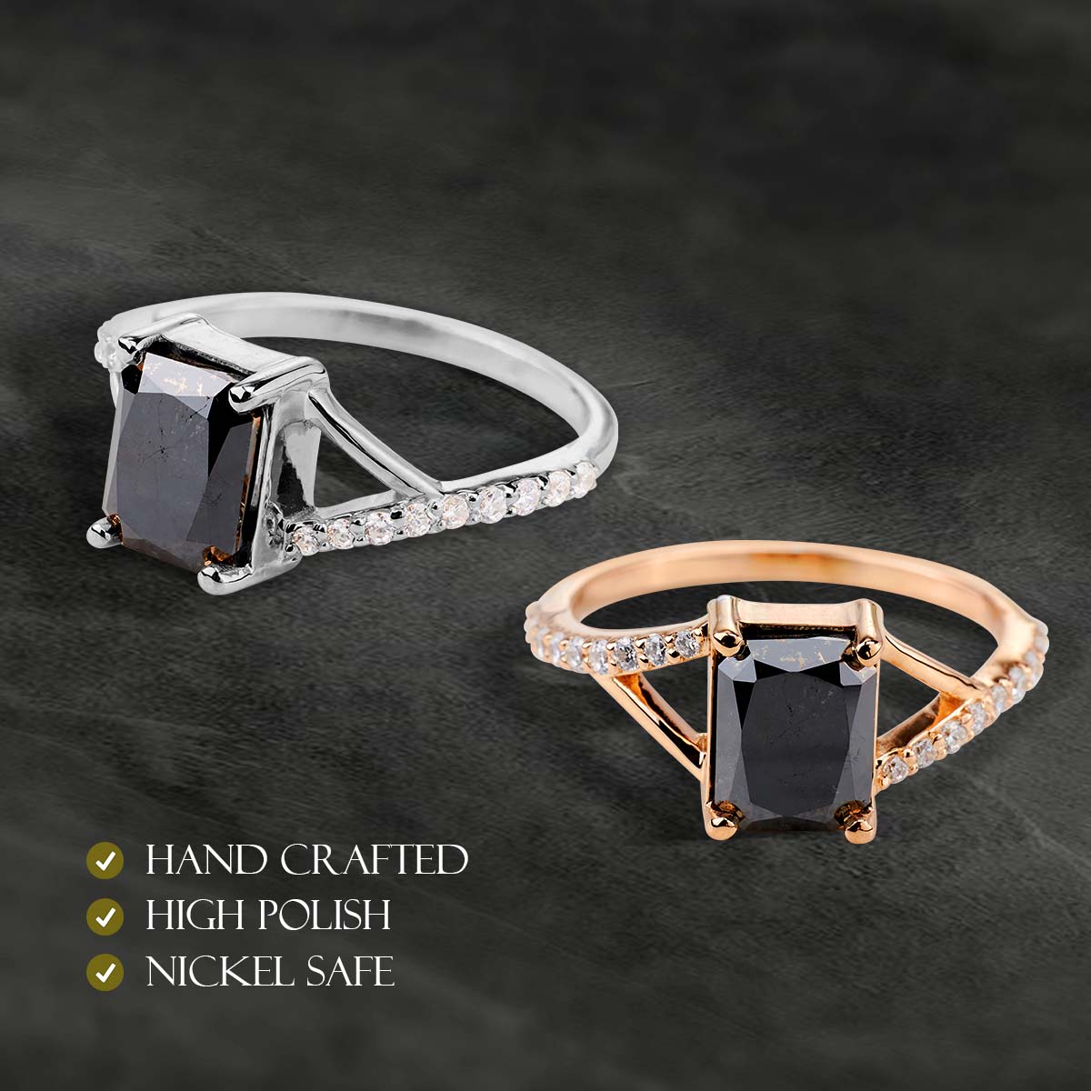 Radiant Cut Black Natural Diamond Engagement Ring Rose Gold