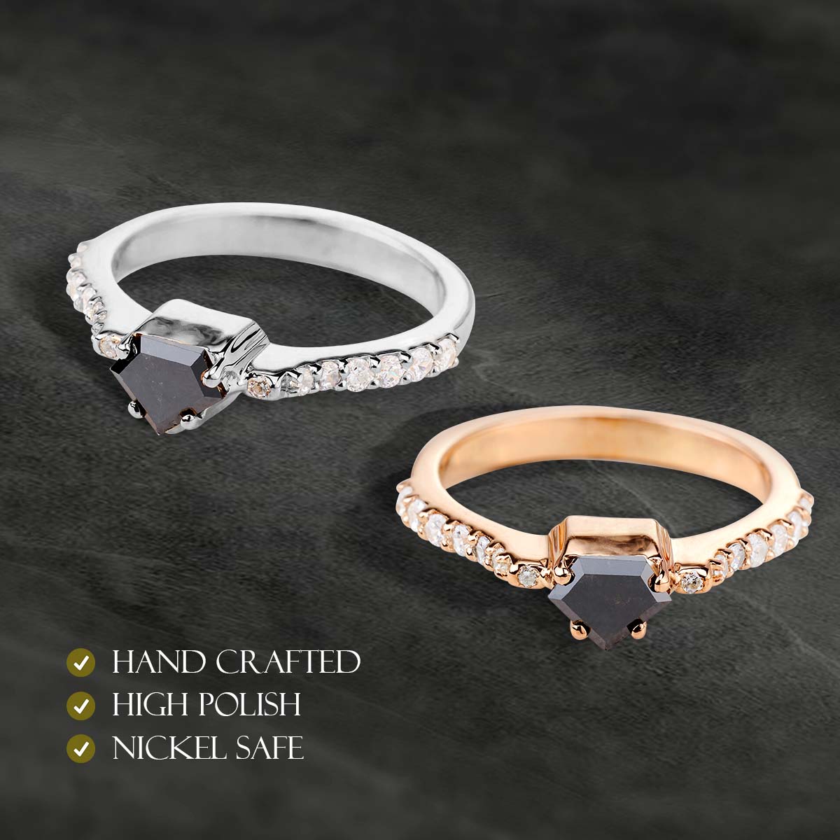 Pentagon Cut Black Natural Rustic Diamond Engagement Ring