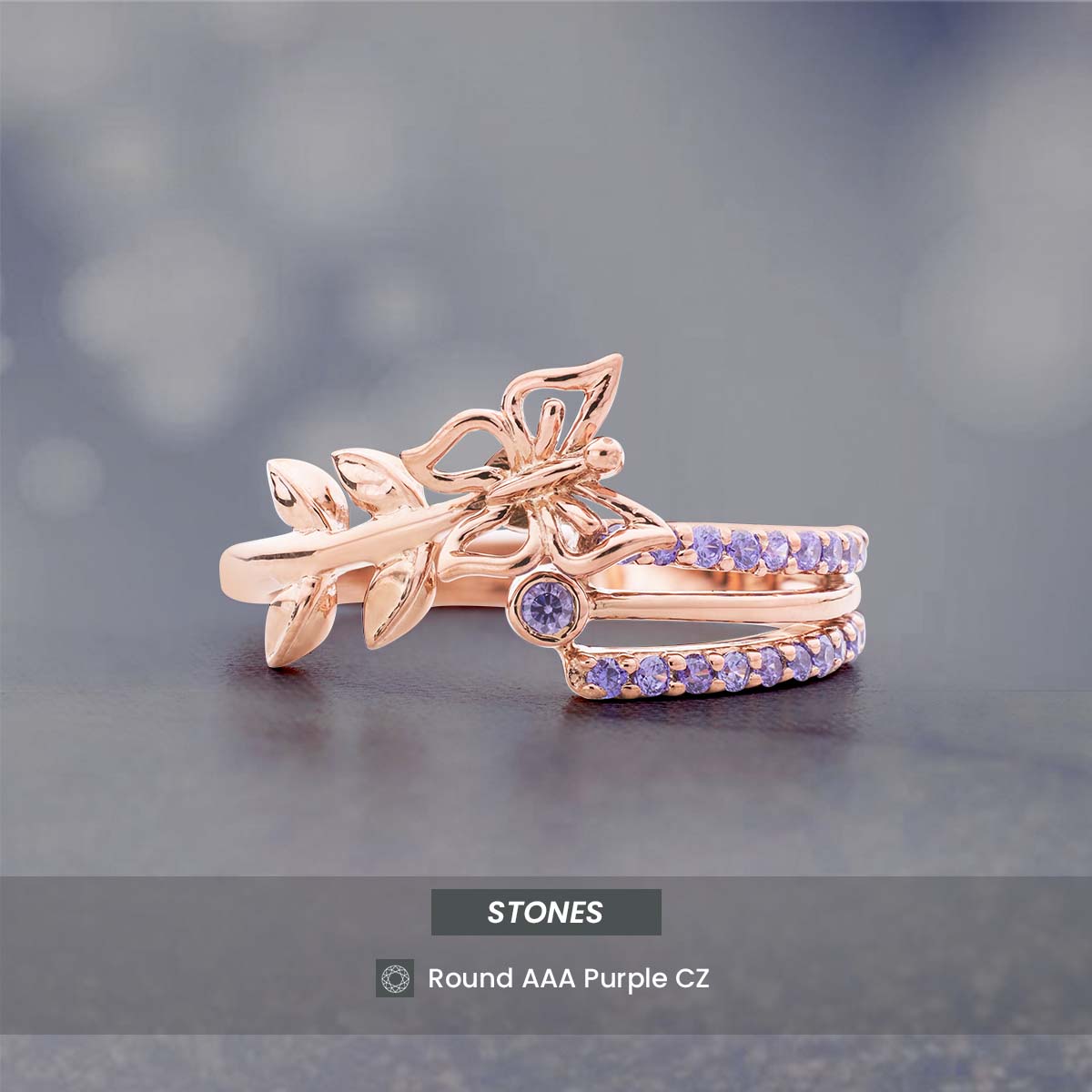 Butterfly Ring Purple Natural Amethyst Rose Gold Engagement Rings Nature Inspired Jewelry