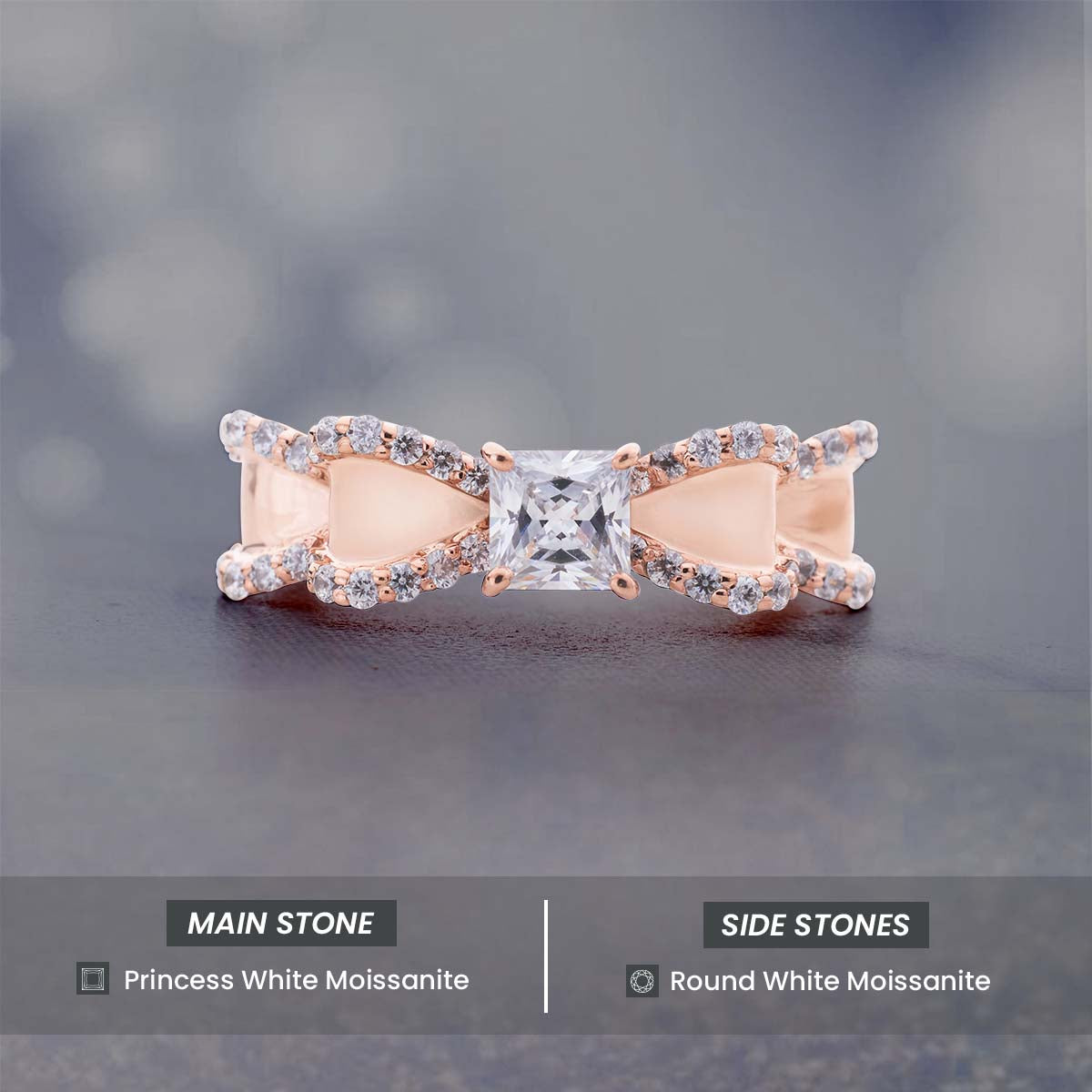 Bow Ring Moissanite Diamond Princess Cut Engagement Ring Rose Gold