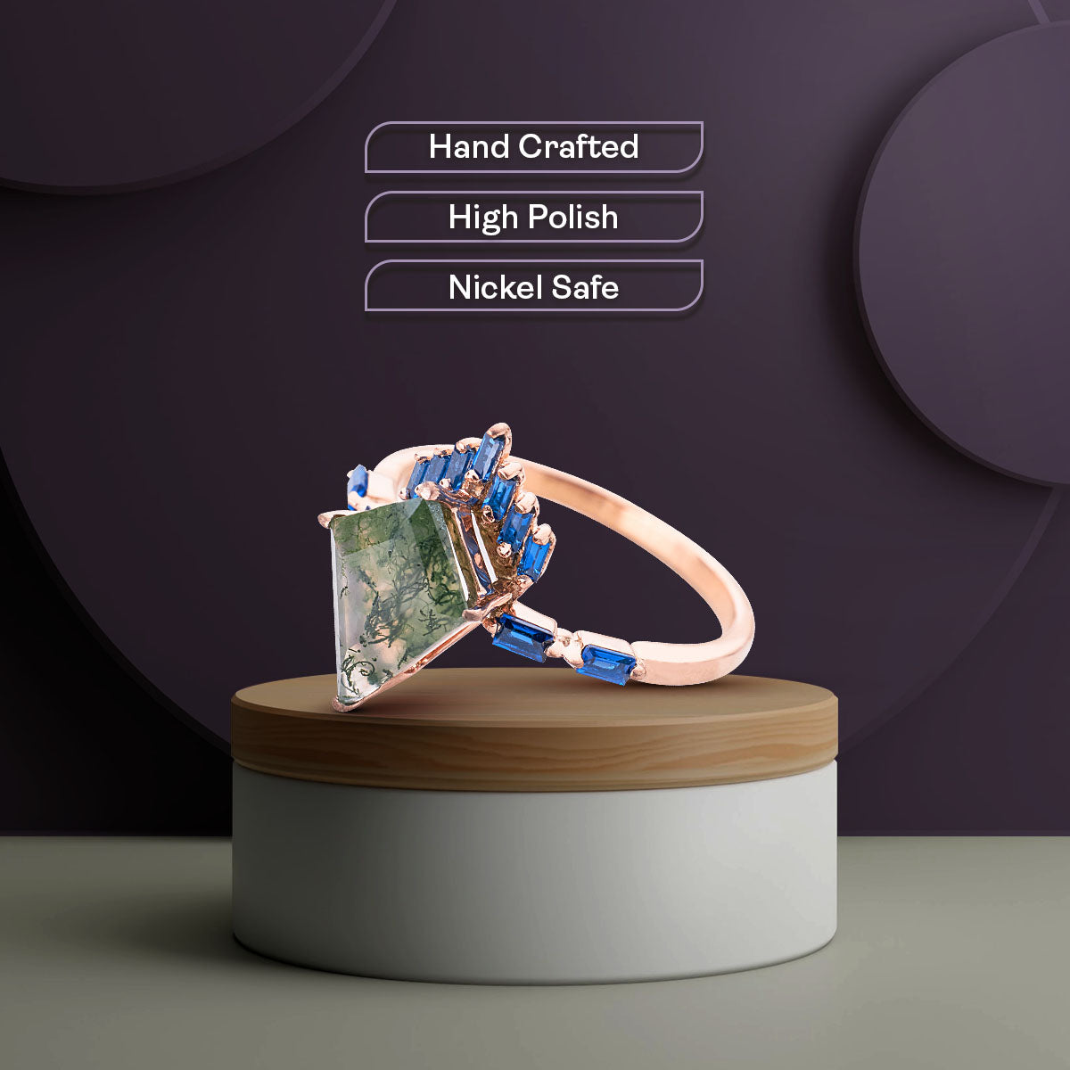 Kite Cut Moss Agate Ring Rose Gold Statement Engagement Rings