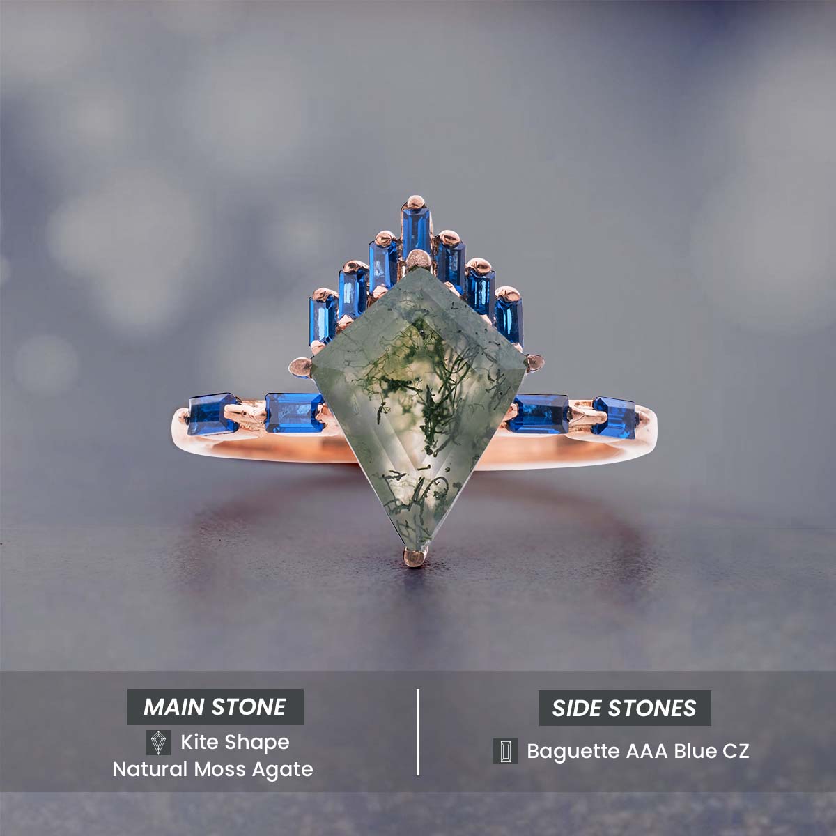 Kite Cut Moss Agate Ring Rose Gold Statement Engagement Rings