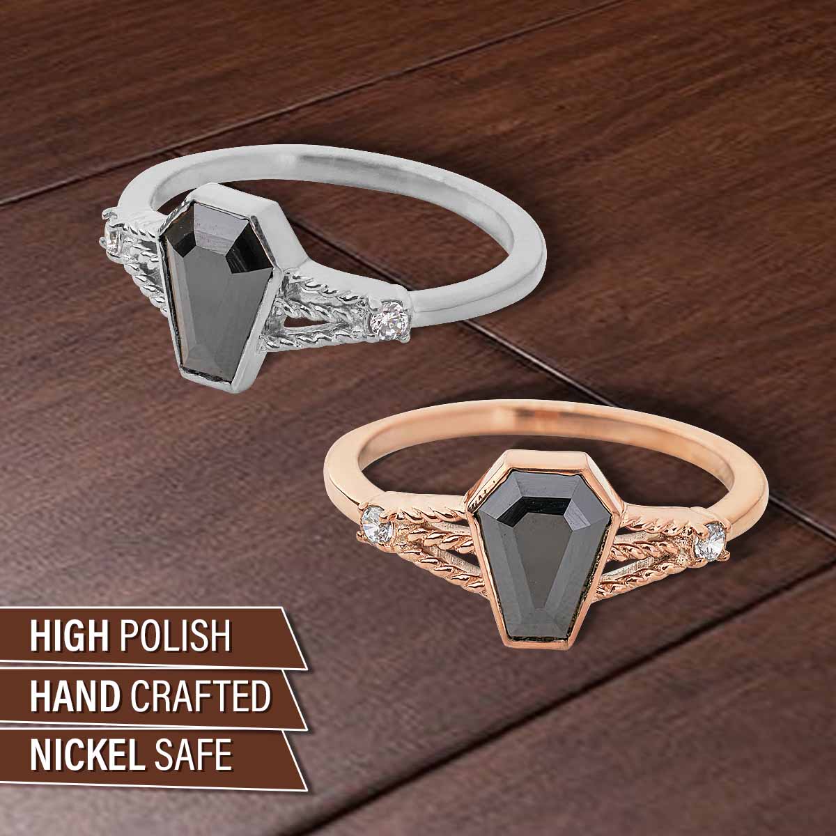 Black Spinel Coffin Ring Coffin Cut Gemstone Engagement Ring Rose gold Sterling Silver