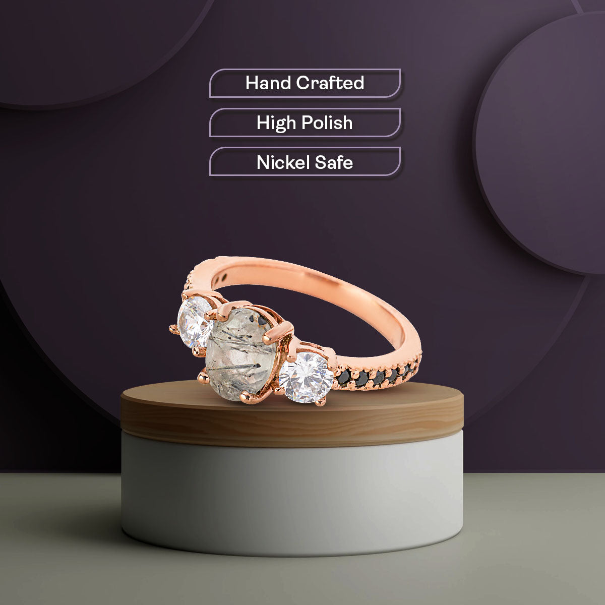 Oval Rutilated Quartz Ring 3 Stone Engagement Ring Rose Gold