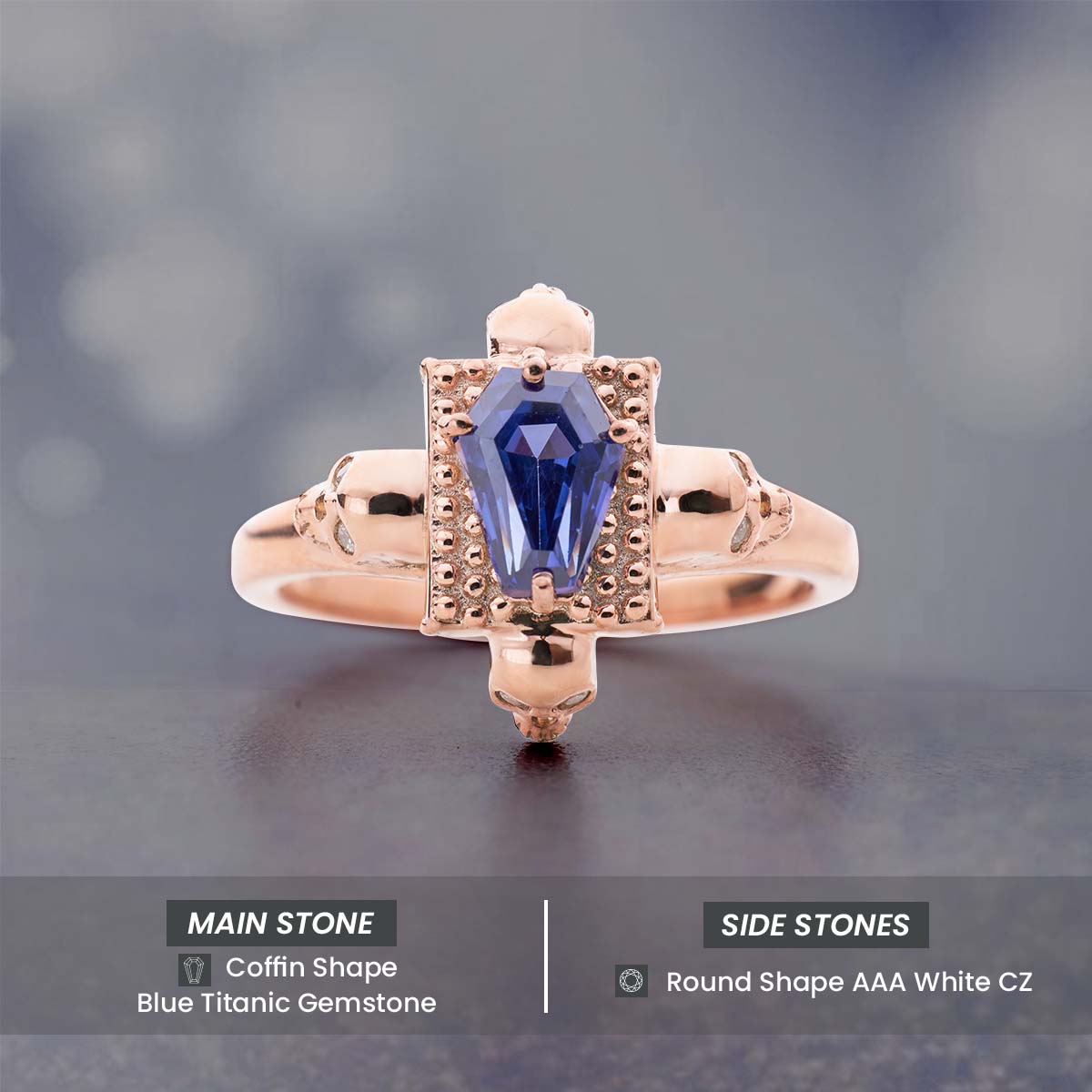 Skull Coffin Ring for Women Rose Gold Gothic Engagement Rings Blue Gemstone