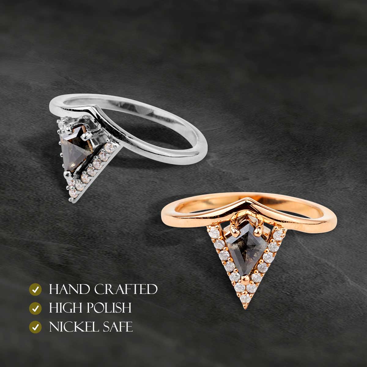 Unique Kite Cut Salt and Pepper Diamond Ring Engagement Rings