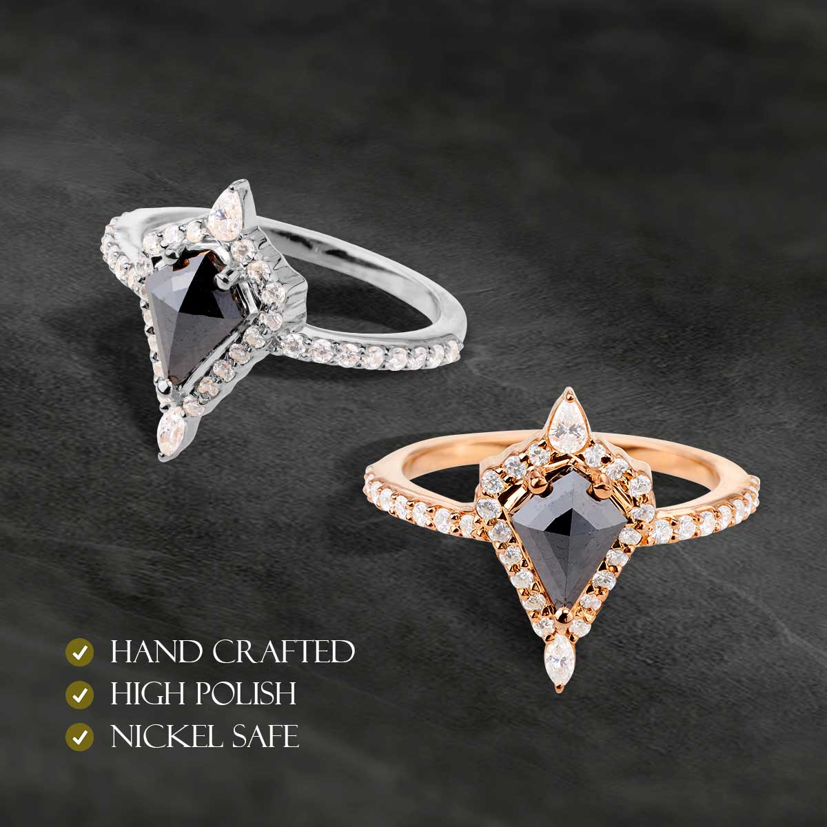 Kite Cut Black Rustic Diamond Halo Moissanite Engagement Ring