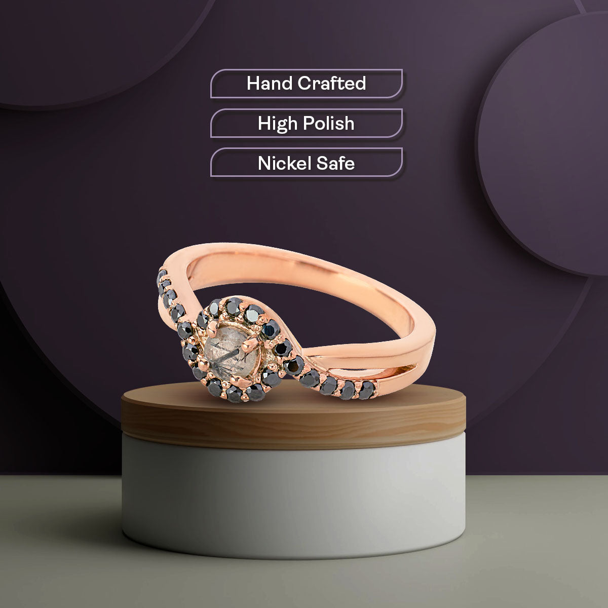 Natural Rutile Quartz Rutilated Quartz Black Gemstone Crossover Engagement Ring Rose Gold
