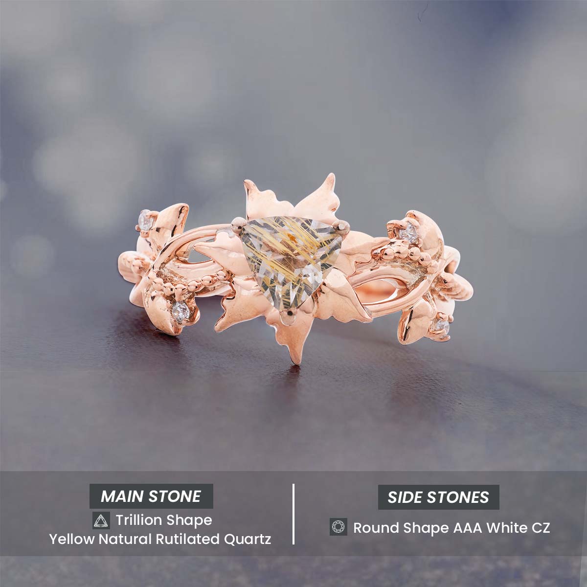 Yellow Rutilated Quartz Ring Floral Flower Art Deco Engagement Rings Rose Gold Infinity