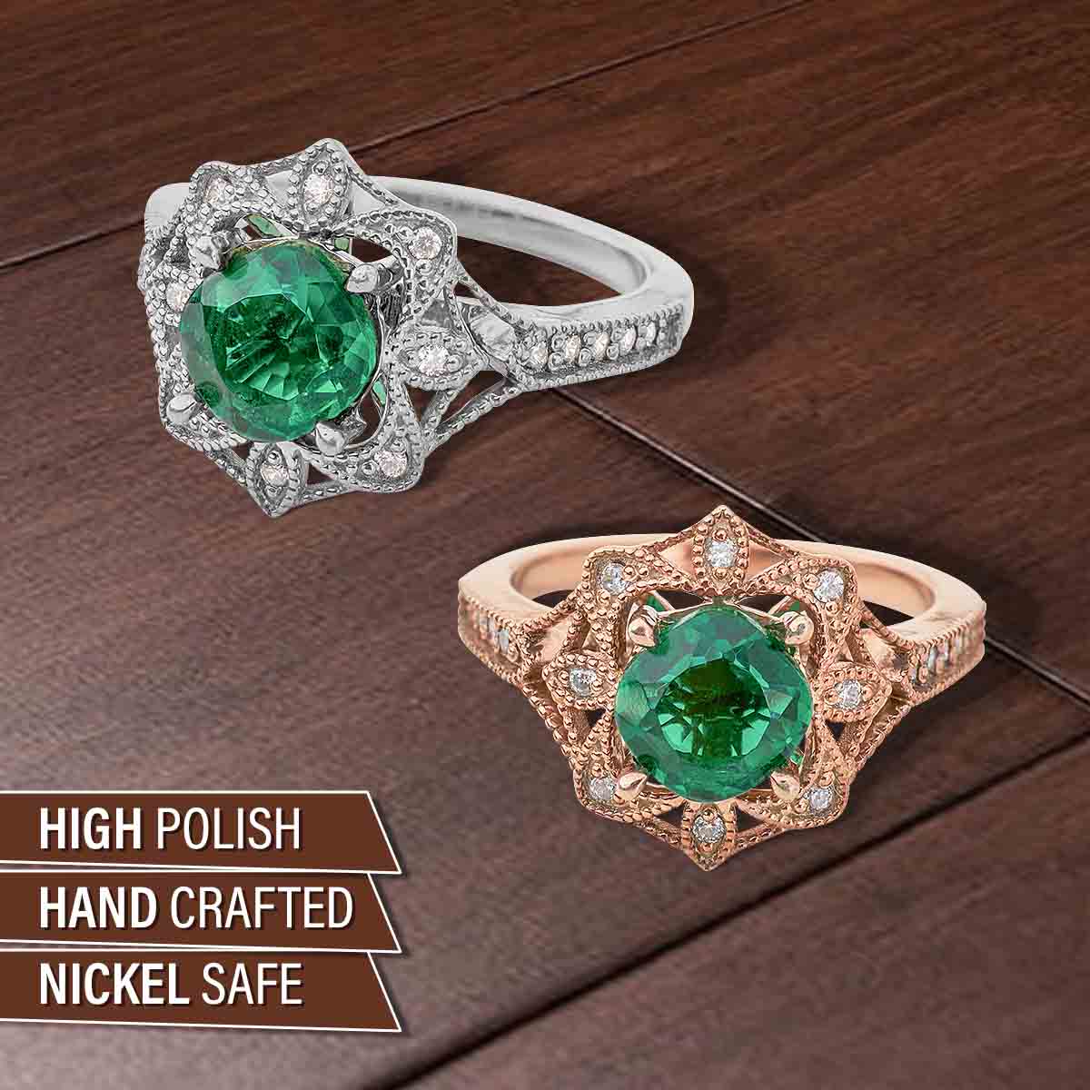 Women's Vintage Engagement Rings Cushion Cut Green Emerald