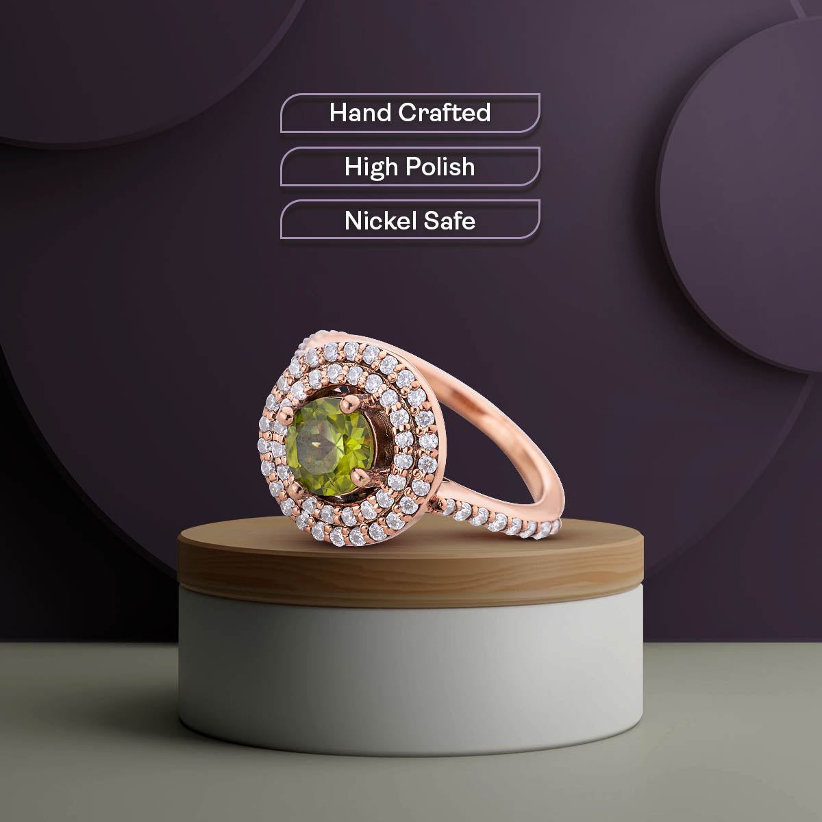 Double Halo Statement Ring Cocktail Party Peridot Engagement Rings Rose Gold