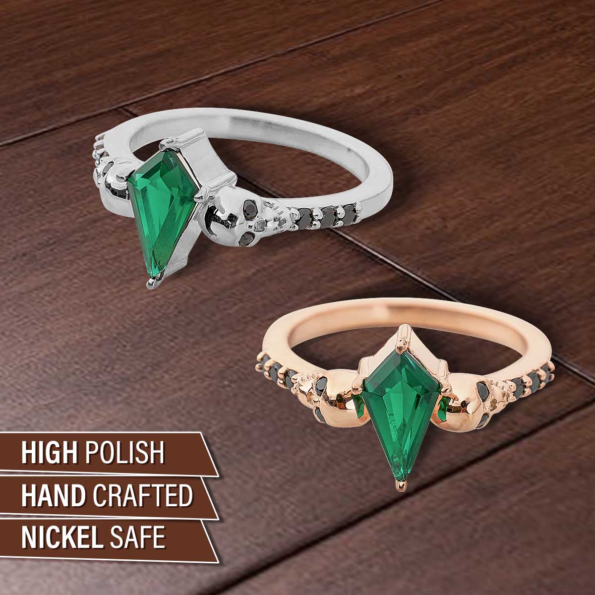 Kite Cut Green Natural Emerald Skull Ring Sterling Silver Rose Gold Gothic Engagement Wedding Rings
