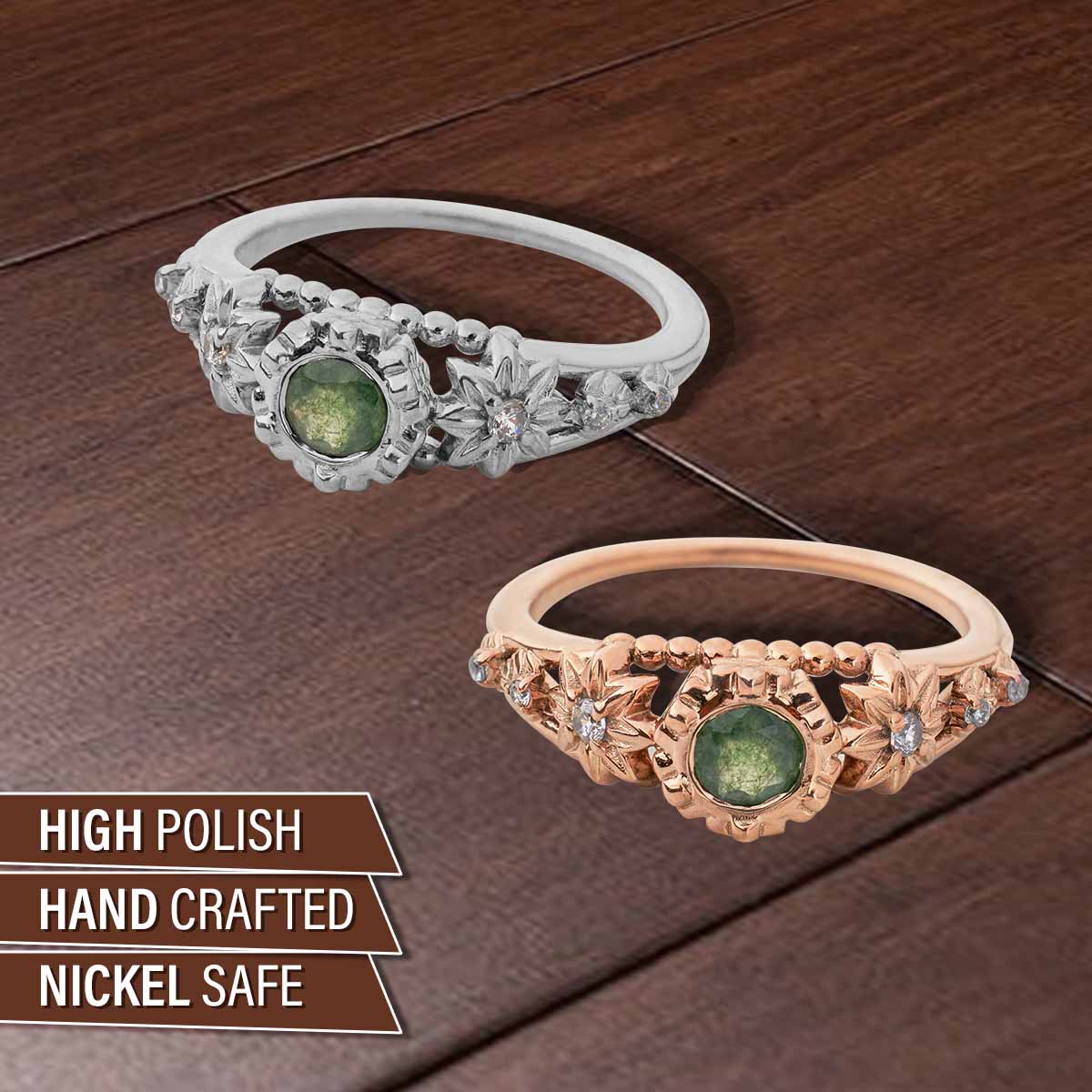 Round Cut Moss Agate Ring Flower Nature Inspired Engagement Rings Rose Gold