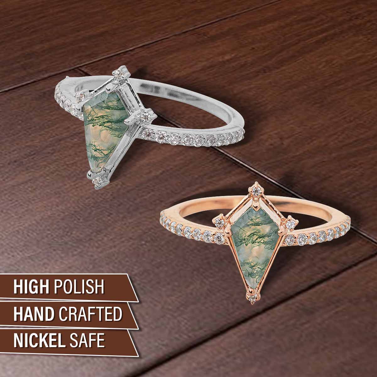 Kite Cut Moss Agate Ring Vintage Natural Gemstone Engagement Ring Rose Gold