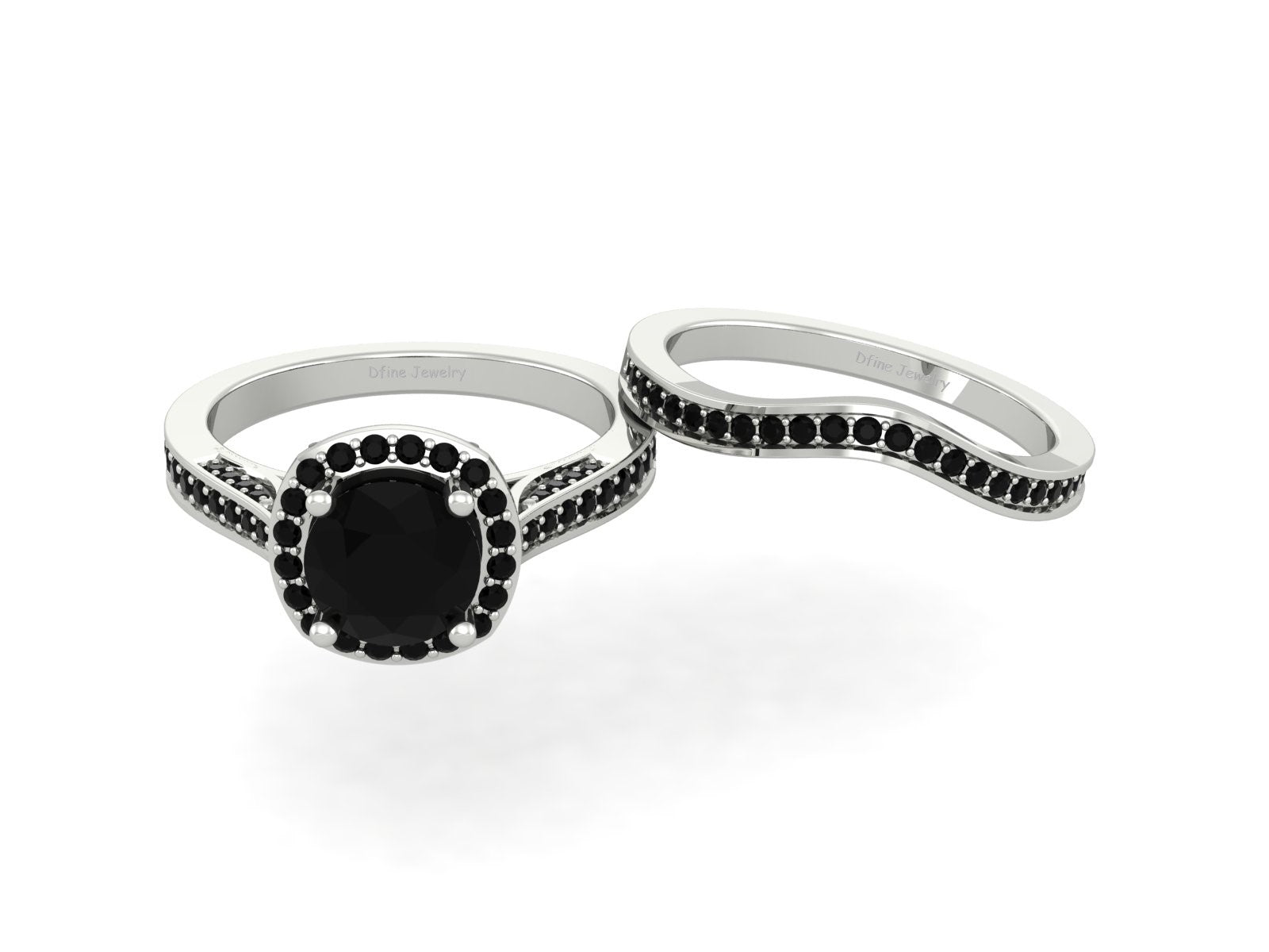 BLACK ONYX HALO WEDDING RING SET