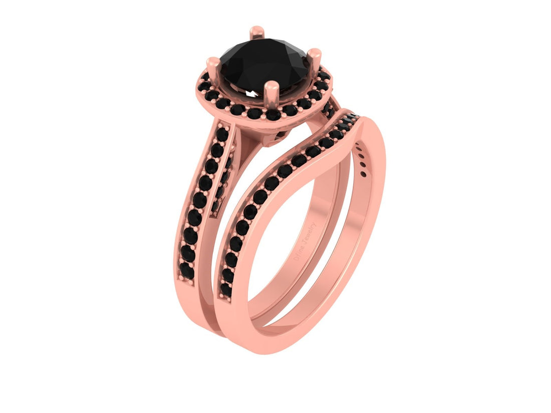 BLACK ONYX HALO WEDDING RING SET