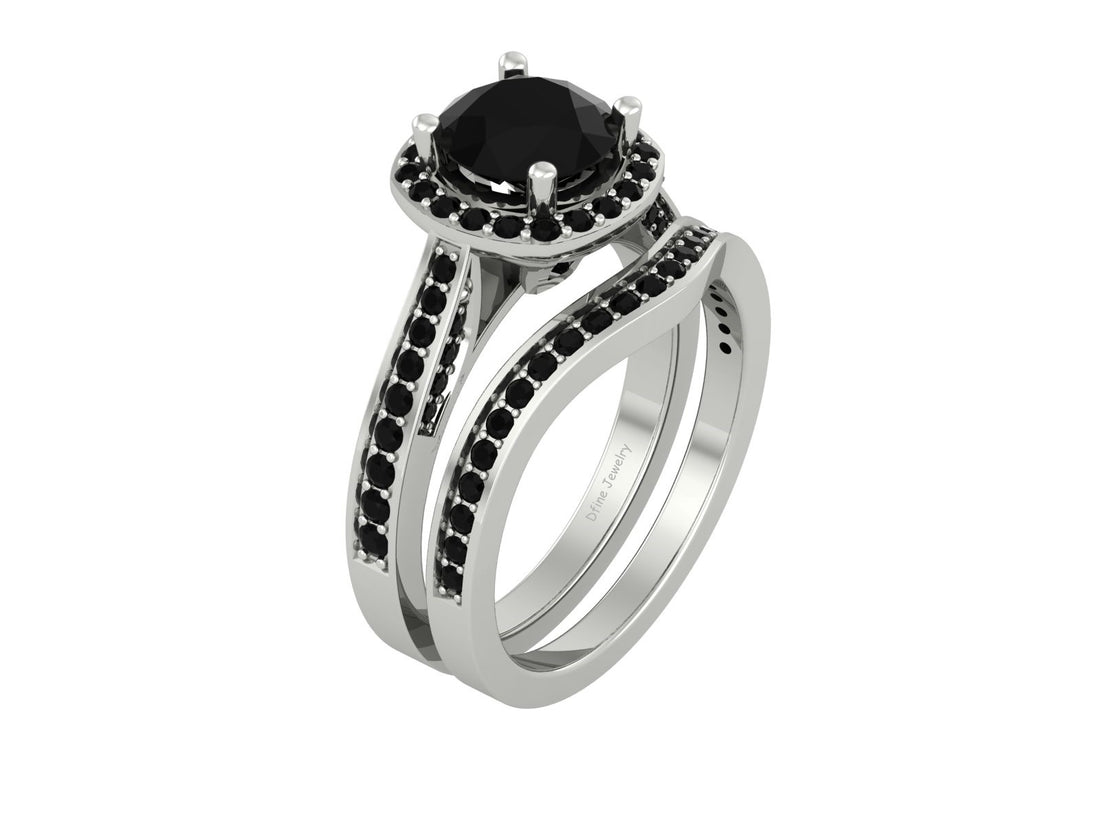 BLACK ONYX HALO WEDDING RING SET