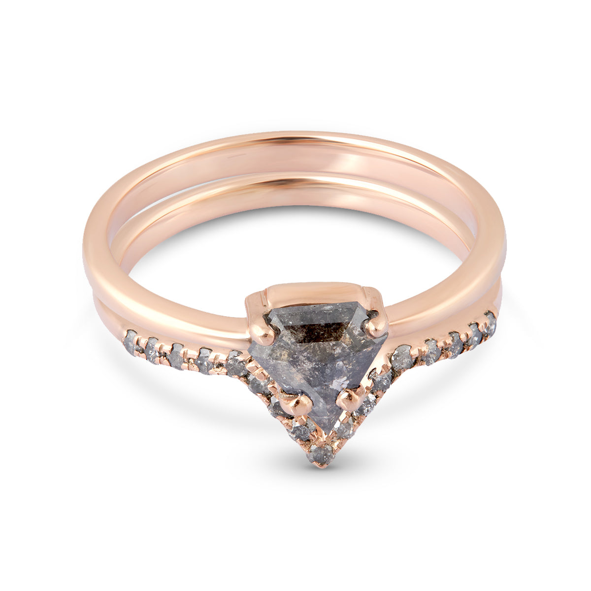 Pentagon Salt and Pepper Diamond Wedding Ring Set Rose Gold