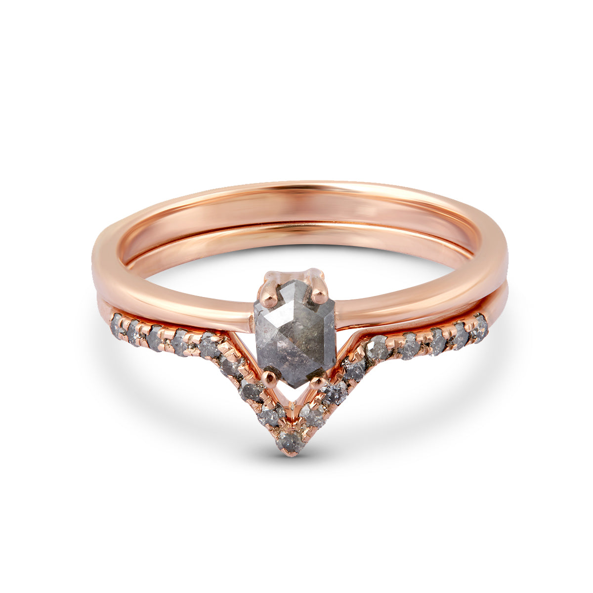 Hexagon Diamond Engagement Ring Set Salt and Pepper Rings