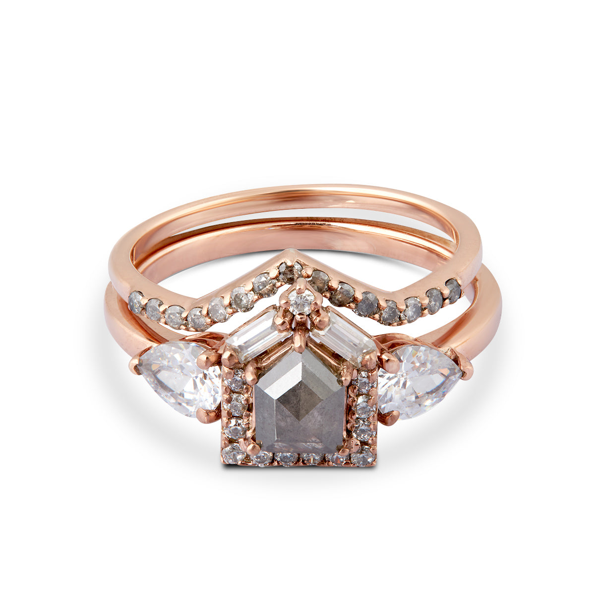 Shield Rose Cut Natural Salt and Pepper Diamond Bridal Ring Sets