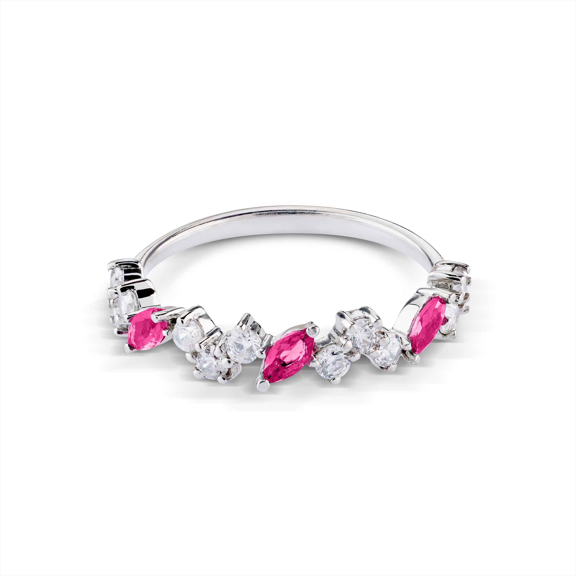 White gold band with a cluster of marquise-cut pink sapphires and round brilliant diamonds.