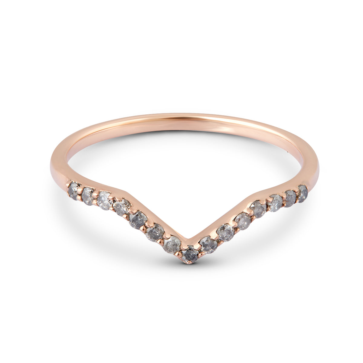 Rose gold ring with small diamonds on a white background